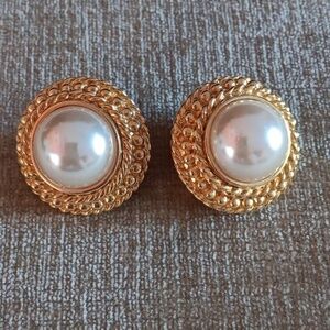 Heavy Gold Tone Faux Pearl Post Earrings